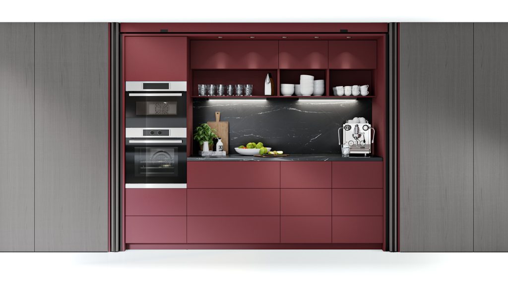 kitchen cabinets using blum revego pocket doors