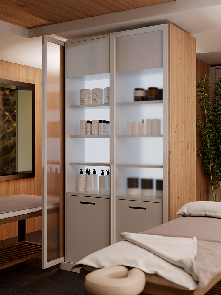 a massage therapist room in which salice exedra pocket door system was used to build glass doors for a display