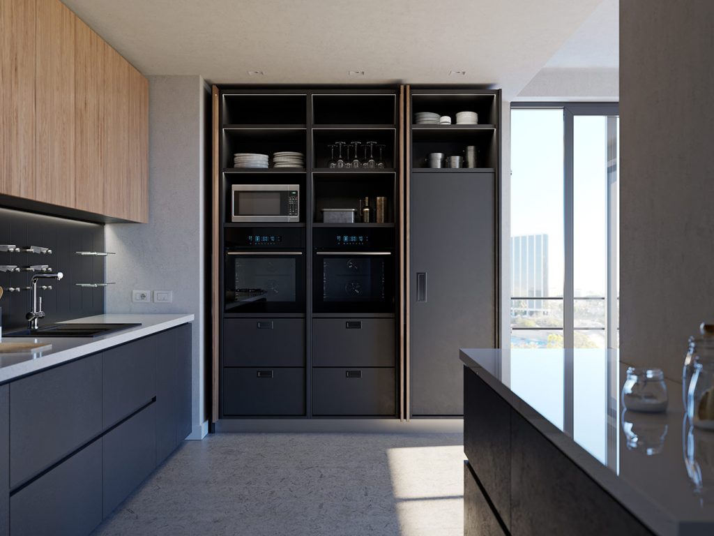 modern kitchen featuring salice exedra pocket door system used to conceal appliances