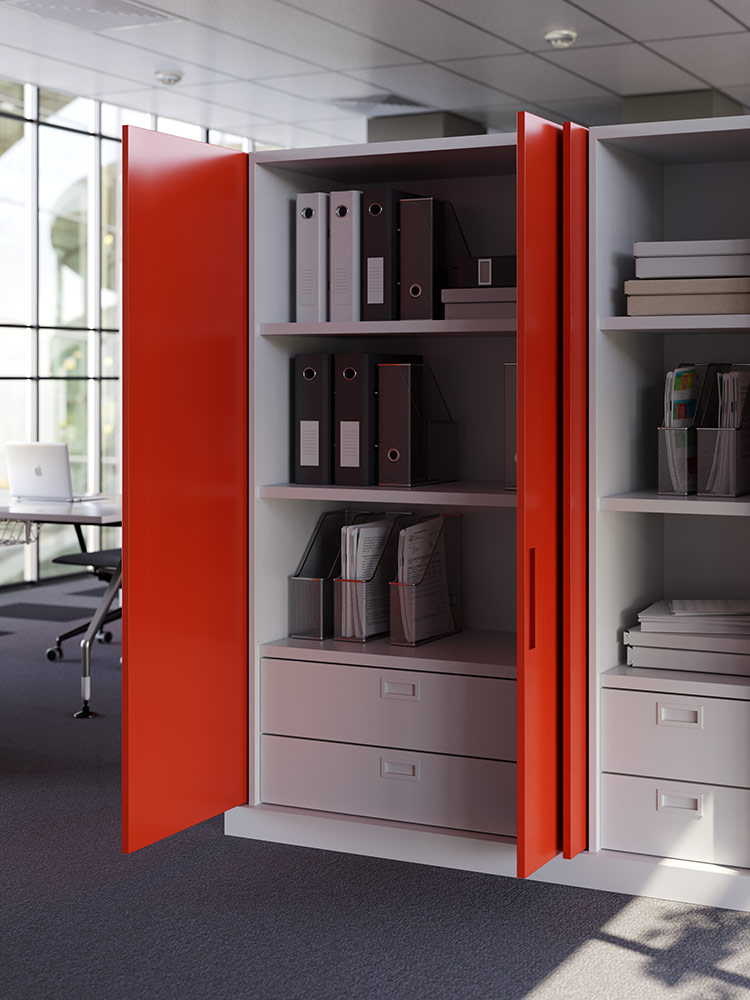 an office where salice exedra pocket door system was used to for a filing cabinet with red doors