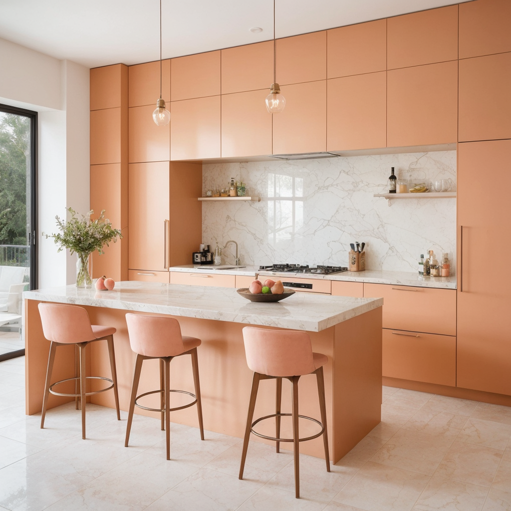 modern kitchen with peach coloured cabinets, marble countertop and backsplash, an island and 3 stools