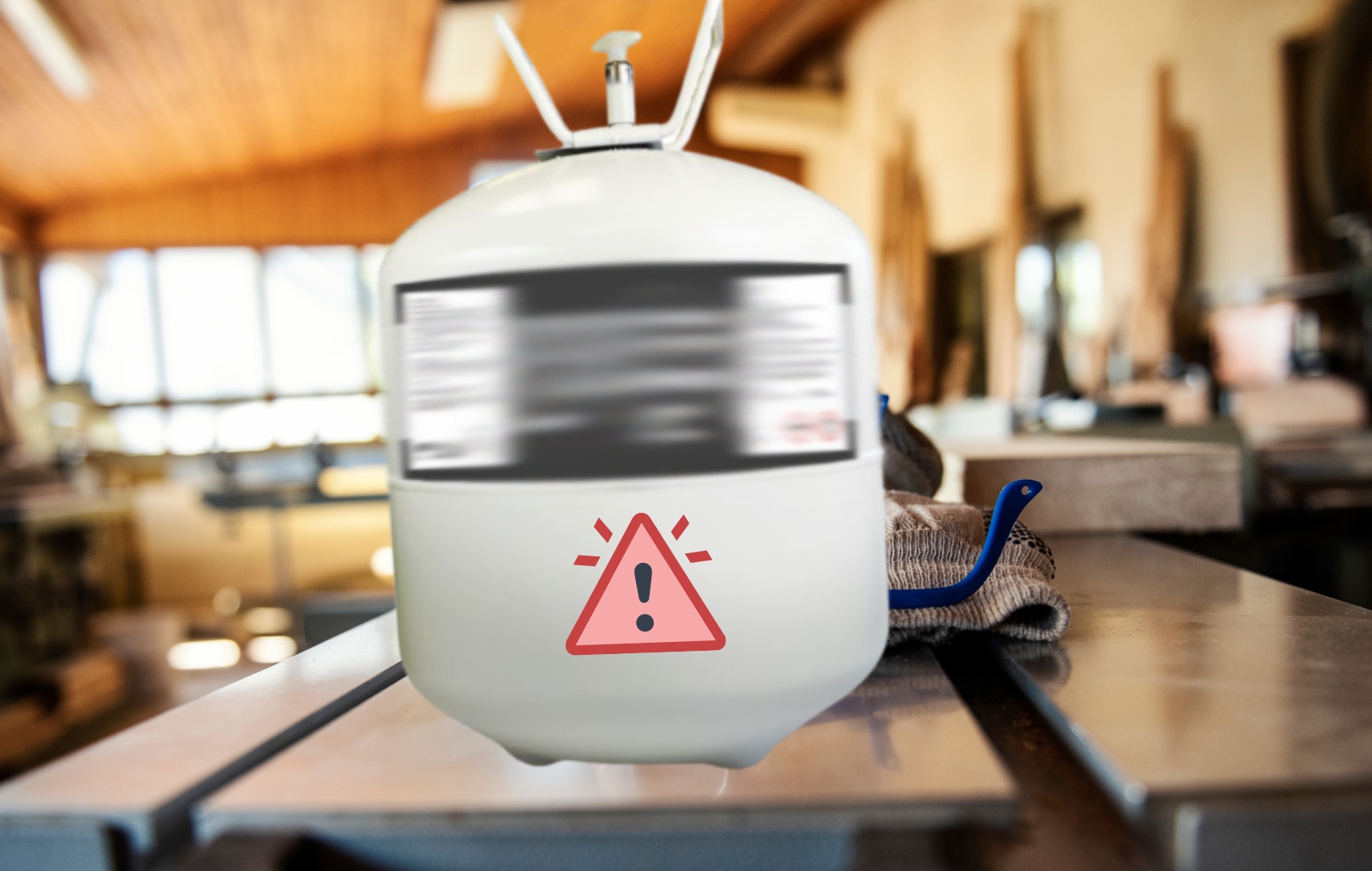 adhesive canister with warning icon in a woodshop