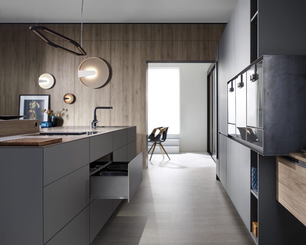 image of a kitchen with grey cabinetry featuring Blum Legrabox drawers