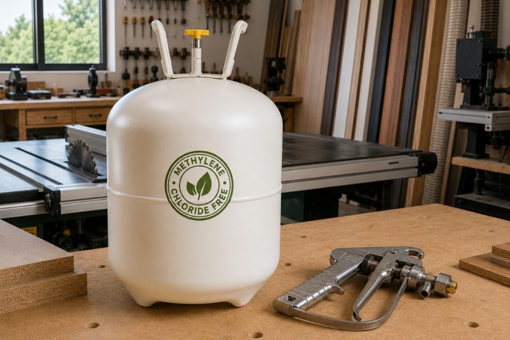 non methylene chloride adhesive canister in a wood shop